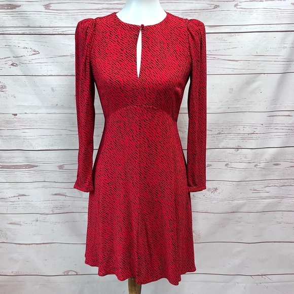NWT Banana Republic Red Zebra Tiger Stripe Keyhole Puff Sleeve Skater Dress - Picture 2 of 9